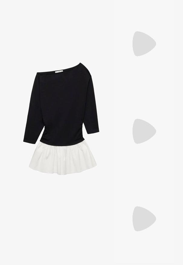 Cămașă neagră cu manșon lung, cu design off-the-shoulder, cu laterale gathered și un tiv alb evazat, realizată dintr-un material ușor și texturat.; Sandale cu toc înalt burgundy, cu vârf pătrat, curele subțiri și cataramă pentru gleznă. Textură de piele fină și toc subțire, de tip bloc.; Ochelari de soare negri cu un cadru geometric, lentile galbene și accente aurii pe temple. Textură netedă, formă largă, design contemporan.; Cercei de culoare aurie cu o formă organică, asemănătoare unui bob, și o suprafață netedă, reflectantă; prezintă un design minimalist, fără hardware vizibil.