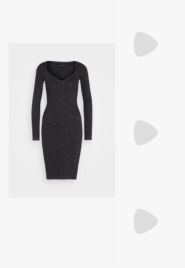 Black knitted dress with long sleeves, a deep V-neck, and a fitted silhouette. Subtle shimmer detail throughout the fabric.; Black patent leather slingback heels with a pointed toe and a geometric block heel. Features a sleek, minimal design and smooth texture.; Gold metallic handbag with a structured design, smooth texture, and adjustable strap. Features a unique triangular shape and minimalist stitching.; Gold-colored metal bracelet with fluid, curvy design. Features a small, prominent, silver-colored accent at one end.