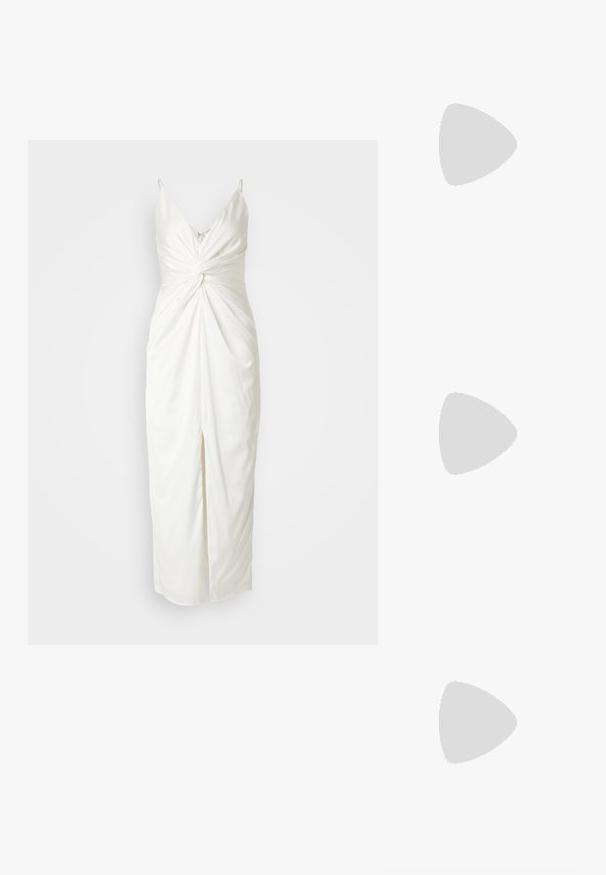 Abercrombie & Fitch COWL NECK MIDI DRESS - Koktailové šaty/večierkové šaty - snow white; Čierne lakované kožené sandálové podpätky s špicatou špičkou a geometrickým blokovým podpätkom. Disponujú elegantným, minimalistickým dizajnom a hladkým povrchom.; Čierna kožená hobo taška so hladkou textúrou, zakriveným tvarom a jedným nastaviteľným popruhom; má široké otvorenie na vrchu.; Náušnica zo zlato sfarbeného kovu s plynulým, zakriveným dizajnom. Na jednom konci je malý, výrazný strieborný akcent.