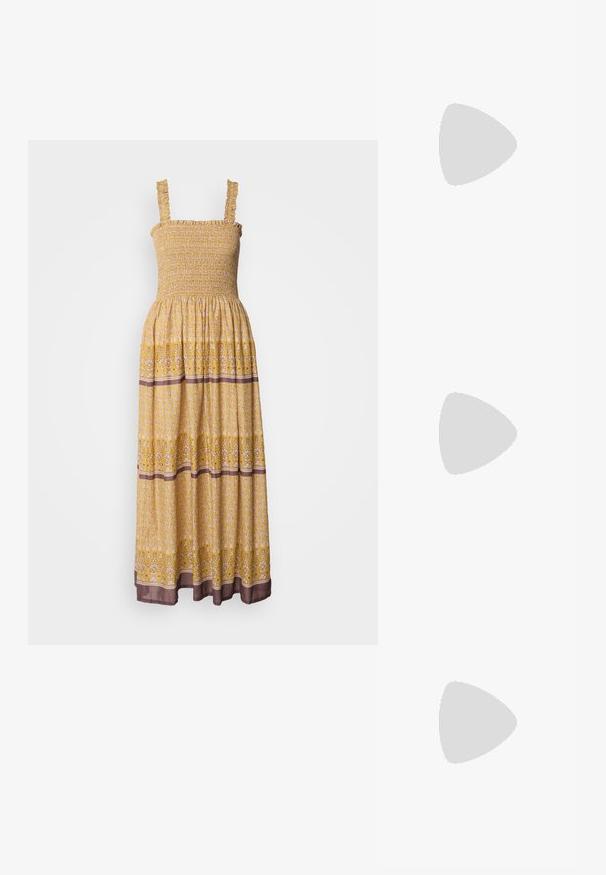 Žuta cvjetna maksi haljina s smanjenim tijelom, naboranim naramenicama i kontrastnom smeđom trakom na rubu. Lagani, lepršavi materijal.; Bijele sandale s visokom potpeticom i trakama, ravno oblikovanim prstima, teksturiranim prednjim dijelom s naboranim detaljima i uskom trakicom oko gležnja.; Crna kožna torba s velikim otvorom na vrhu i jednom naramenicom. Mekani tekstura, minimalistički dizajn, s diskretnim metalnim detaljima.; Zlatne okrugle naušnice s teksturiranim, nepravilnim oblikom. Imaju nevidljivo zatvaranje i polirani završni sloj, što naglašava moderan dizajn.