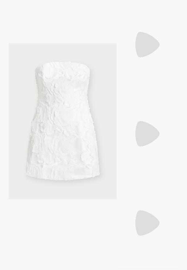 White strapless dress featuring layered floral embroidery, textured fabric, fitted shape, and a smooth, slightly glossy finish.; Black leather slingback shoes with a pointed toe, flat heel, and ankle strap; worn with light blue wide-leg jeans.; Black leather shoulder bag with a curved design, featuring a textured strap and gold-tone hardware at the top closure. Smooth finish.; Set of gold-tone earrings featuring various designs, including studs, hoops, and dangling pieces with pearls and rhinestones.