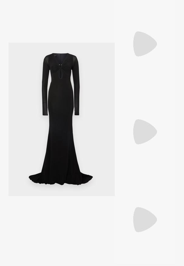 Pinko CANAPIGLIA ABITO - Juhlamekko - black; Mustat korkokengät sandaalit, joissa on ohuet hihnat solmittuna, sileä neliön muotoinen varvasosa ja tyylikäs stiletto-korko.; Vaalea harmaa metallinen käsilaukku, jossa on ketjusanka. Laukku on koristeltu pienillä pyöreillä metallikoruilla ja kolmion muotoisella brändilogolla.; Hopehopeet hopehopeet hopehopeet hopehopeet, jolla on sileä, kiiltävä pinta. Pyöreä muoto, kevyt rakenne, jossa on neulakiinnitys.