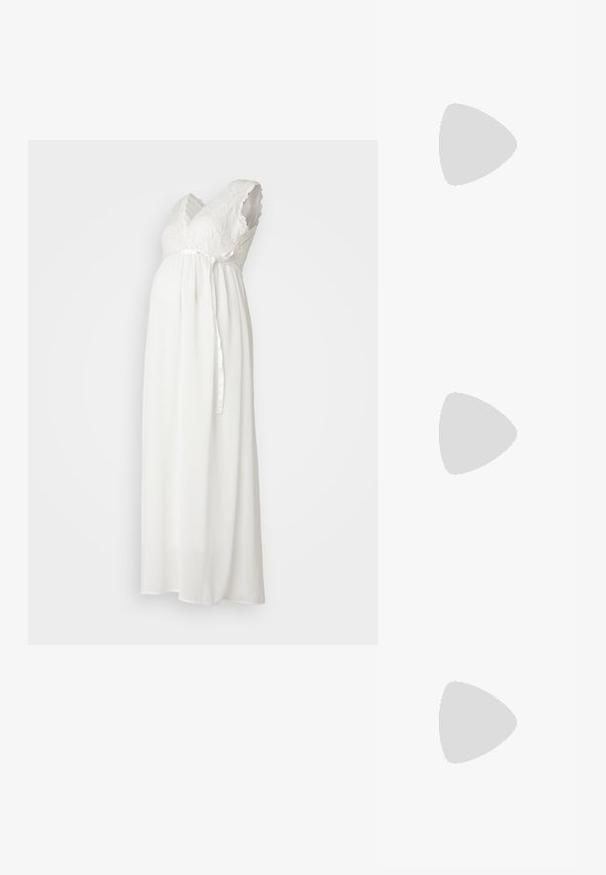 MAMALICIOUS MLMIVANE TESS DRESS - Oblačila za posebne priložnosti - snow white; Črne čevlje s koničastimi nosovi in slingback obliko z nizko peto, izdelane iz gladke usnjene materiale ter s črtasto zasnovo na strani za prezračevanje.; Črna usnjena torba preko rame z mehkimi teksturami, trikotno obliko in nastavljivim trakom, v kombinaciji z svetlo modro črtasto srajco in belimi hlačami.; Srebrn dvojni prstan z gladko, polirano površino. Ima tekoč, ukrivljen dizajn z prekrivajočimi se sekcijami za sodoben videz.