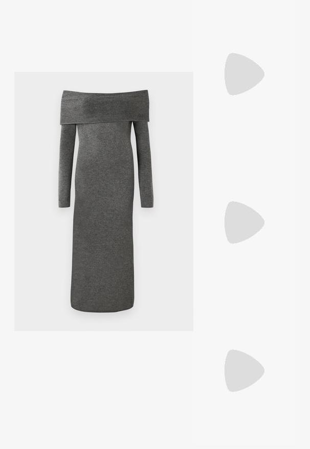 Axelbandslös klänning med långa ärmar i ett mörkgrått stickat tyg. Slim fit, golvlång design med slät textur och utan synliga knäppningar.; Bruna klackflip-flopsandaler med en smal rem och rund tåpost, med en liten guldaccent på fotbädden.; Sköldpaddsmönstrade glasögon med ovala linser och en elegant, slät yta. Har tunna sidor med en subtil kurva vid tinningarna. Klara linser.; Tan mockasinväska med två långa handtag, rektangulär form och dekorativ sömnad. Har en sidremsa och subtila detaljer i guldmetall.