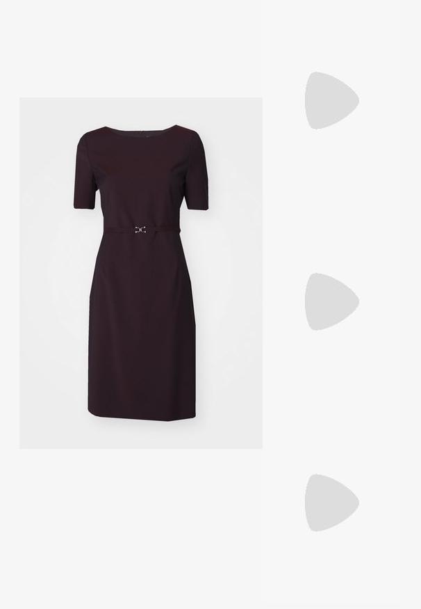 BOSS DALEAH - Šaty do práce - open red; Čierne slingback topánky s ostrou špičkou a nízkym opätkom, vyrobené z hladkej kože a s výrezmi na boku pre lepšiu priedušnosť.; Biela kožená kabelka s zakriveným tvarom, na prednej strane s embosovaným logom "CK" a jedným ramenným popruhom. Zipsové zapínanie navrchu.; Zlaté kruhové náušnice s hladkým, zakriveným dizajnom. Vyrobené z kovu, s elegantným povrchom a uzáverom na zadnej strane.