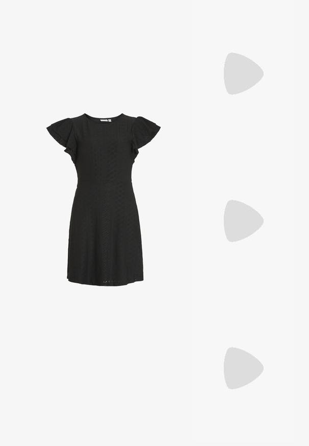 VILA VIMUNI DRESS - Jerseykleid - black; Schwarze Lackleder-High-Heel-Sandalen mit drei horizontalen Riemen und einem verstellbaren Knöchelriemen. Schlanke Silhouette und glänzende Oberfläche.; Schwarze Leder-Clutch mit Klappe und goldfarbenem Metallschnallen-Detail. Enthält einen schwarzen Riemen und ein schlankes, minimalistisches Design.; Goldene Creolen mit einer glatten, glänzenden Oberfläche. Zirkuläres Design mit einem kleinen Stecker und einer klaren Rückseite für einen sicheren Sitz.