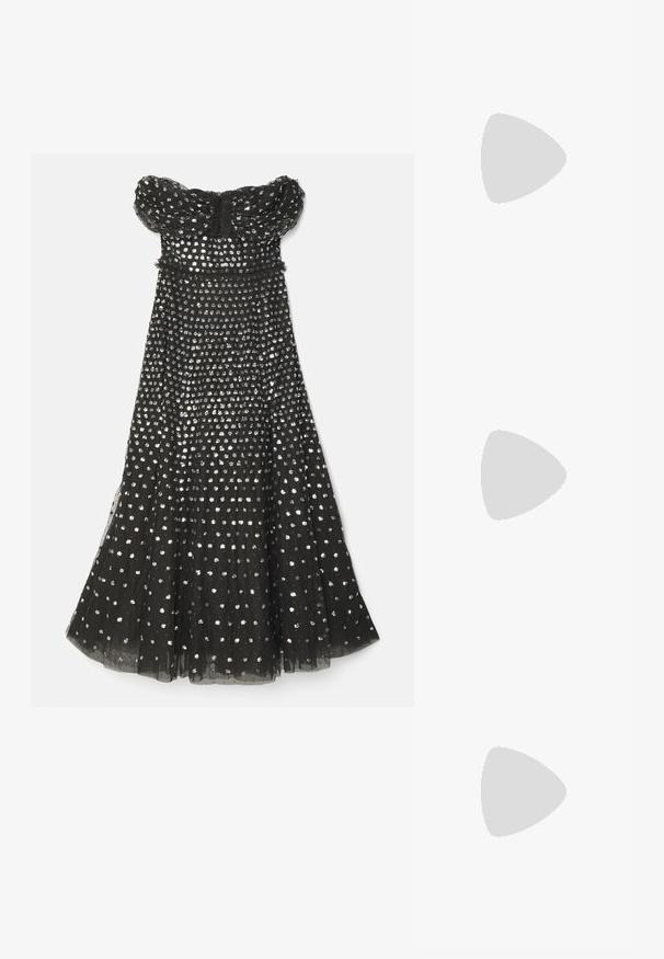 Black off-shoulder dress made of tulle, adorned with silver polka dot sequins, features a fitted bodice and a flowing skirt.; Stuart Weitzman TULLY SLINGBACK - Classic heels - black; Black leather bucket bag with a textured finish, gold hardware accents, and an open top. Features a short handle and adjustable shoulder strap.; DANNIJO COLLINS EARRINGS - Earrings - gold-coloured/silver-coloured