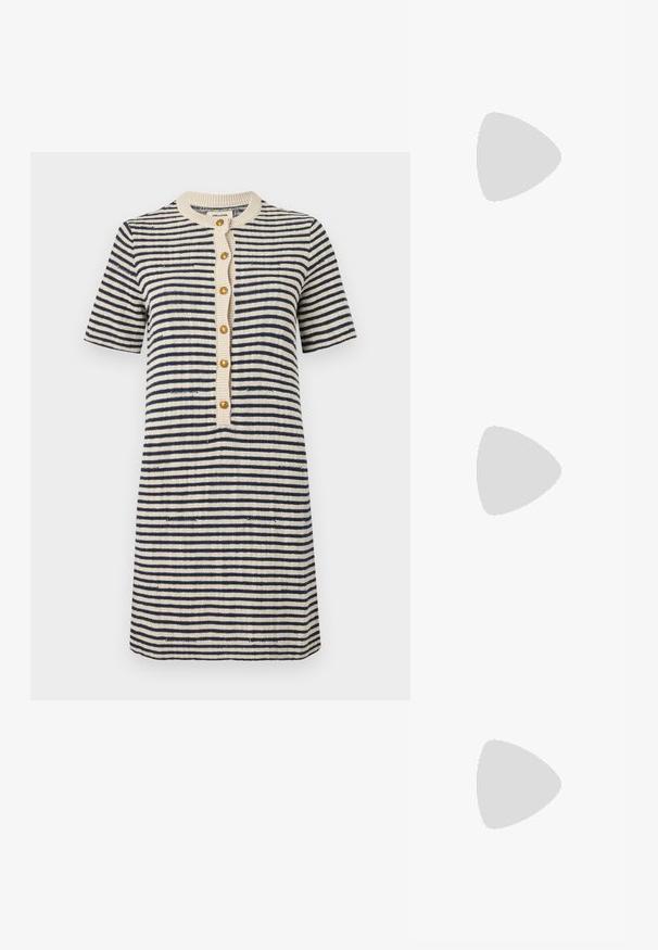 Abito a righe in crema e blu navy, maniche corte, scollatura tonda, chiusura frontale con bottoni dorati, tessuto a maglia testurizzato, lunghezza sopra il ginocchio.; T-shirt bianca a maniche corte realizzata in tessuto a costine. Collo rotondo, vestibilità regolare e dettagli di cucitura sottili. Senza motivi o grafiche.; Pantofole da balletto nere in pelle con punta arrotondata, texture liscia, dettagli di cucitura minimi e design con suola flessibile.; Borsa a tracolla in pelle marrone con chiusura a pattina, hardware color oro, tracolla e una finitura liscia. Forma rettangolare compatta.