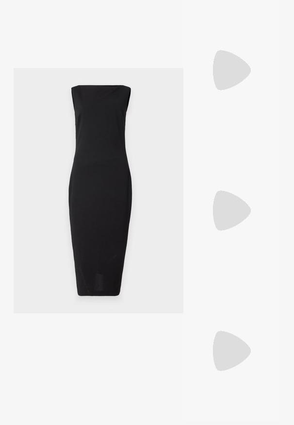 Juoda be rankovių kūno apdaras su tiesia iškirpte, kelio ilgio hem ir lygiu paviršiumi, sukurtas išraiškingam siluetui.; Juodas smailus slingback batelis su žemu kulnu, pagamintas iš lygaus odos paviršiaus ir su išpjovomis šone, užtikrinančiomis oro pralaidumą.; Juodas odinis rankinukas, turintis kreivinę formą, siaurą rankeną, sidabrinę užtrauktuką ir Calvin Klein logotipą priekyje. Lygus tekstūra ir minimalistinis dizainas.; Sidabriniai apvalūs auskarai su lygiu, išlenktu dizainu. Yra blizgus metalinis paviršius ir smeigtukų uždarymas. Nėra matomų raštų ar akcentų.
