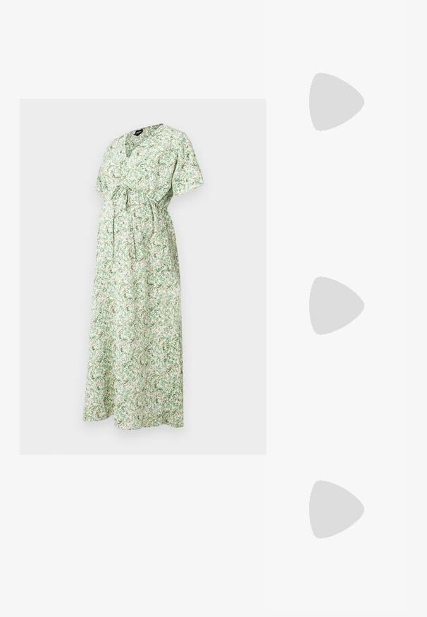 Virágmintás kismama ruha rövid ujjakkal, V-nyakkivágással, megkötős derékkal és hosszú, lebegő szoknyával, zöld és fehér mintázatban.; Fehér sportcipő sima szintetikus felsőrésszel, perforált lábujjrész, lapos fűzőkkel és texturált talppal, fából készült felületen kihelyezve.; Fekete, oversize napszemüveg fokozatos árnyalatú lencsékkel, vastag kerettel és arany színű lánc díszítéssel a szárakon.; Barna műbőr válltáska ívelt formával, minimális varrással és arany színű kiegészítőkkel. Jellemzője a felső cipzáras záródás és állítható pánt.