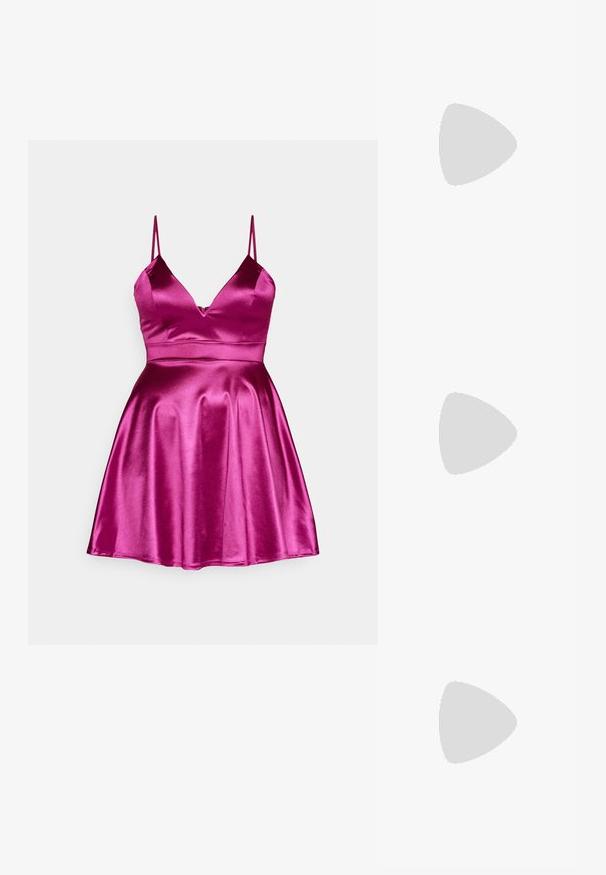 Fuksiju satīna kleita ar pieguļošu augšu, V veida dekoltē un plānām siksnām, kas paplašinās no jostas līdz kuplam svārkam. Gluda tekstūra.; Baltas siksniņveida papēdis ar smailu purngalu, gludu augšējo materiālu, zemu blokpapēdi un sānu izgriezumu dizainu ar regulējamu sprādzi.; Apaļas saulesbrilles ar tumšiem objektīviem un zeltītām rāmēm. Modelis valkā gaiši zilu, ribotu kardigānu ar pogām un kontrastējošām baltām piedurknēm.; Michaela Korsa rokassomi bez̦ā īšojuma, kas izgatavota no apklāta kanvas, iekļaujot atkārtotu MK logotipa rakstu, zelta aparatūru un noņemamu ķēdes siksnu.