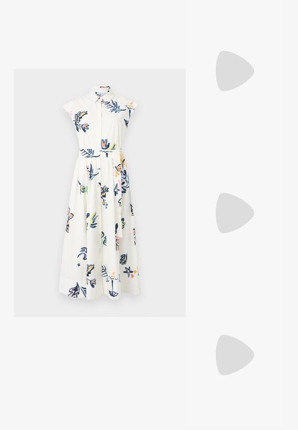 Balta marškinių suknelė trumpomis rankovėmis, gėlių raštais mėlyna, rožine ir žalia spalvomis, su mygtukų užsegimu priekyje ir audiniu diržu juosmenyje.; Balta trumpa rankovėmis marškinėliai, pagaminti iš pasiruošusio audinio. Apvali iškirptė, reguliari tinkamumas ir subtilūs siuvimo detalės. Be raštų ar grafikos.; Juodai odiniai baletai su apvaliu pirštu, lygi texture, minimalus siuvimo detales ir lanksčiu padų dizainu.; Ruda odinė rankinė su uždaromu dangteliu, aukso spalvos detalėmis, petneša ir lygiu paviršiumi. Kompaktiška stačiakampio formos.