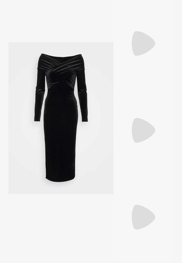Rochie din catifea neagră, cu umerii descoperiți, mâneci lungi, siluetă ajustată și design în cruce la decolteu. Lungime midi și textură netedă.; Pantofi slingback din piele lacuită neagră, cu vârf ascuțit și toc mic. Curea reglabilă cu cataramă la gleznă.; Geantă de mână din piele neagră cu o finisare texturată, având două mânere superioare, o curea de umăr detașabilă și un detaliu cu închidere din argint.; Cercei argintii cu lungime, având un design cu lanț subțire, asemănător cu o plasă, și accente cu tijă dreaptă, dotati cu închideri tip fluture pentru o prindere sigură.