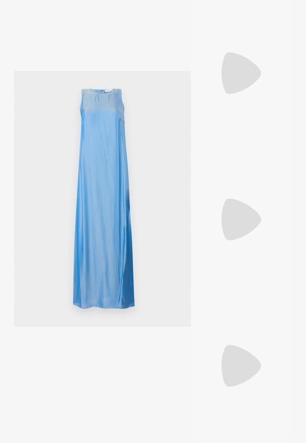 Sleeveless blue maxi dress made of smooth, shiny fabric, featuring a relaxed fit and subtle gradient from light to dark blue.; Black pointy-toed slingback shoe with a low heel, featuring smooth leather material and cut-out design on the side for breathability.; Black leather shoulder bag with a soft texture, triangular shape, and adjustable strap, paired with a light blue striped shirt and white pants.; Silver metal hoop earrings with a smooth, shiny surface and a structured, rounded design. Features a hinged clasp for secure wear.