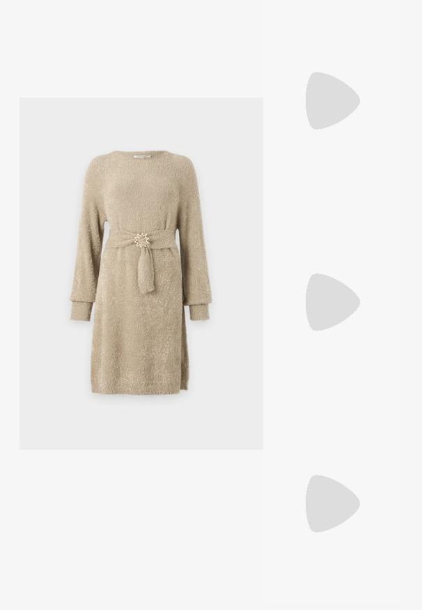 Beige, langärmliges Strickkleid mit strukturiertem Finish. Verfügt über einen gebundenen Gürtel mit einem sternförmigen Metallelement in der Taille.; Schwarze, hochhackige Sandalen mit dünnen Riemen und einem geknoteten Design, einer glatten, rechteckigen Zehenpartie und einem eleganten Stiletto-Absatz.; Hellegraue metallische Handtasche mit einer Kettenriemen, verziert mit kleinen kreisförmigen metallic Nieten und einem dreieckigen Markenlogo.; Silberne Creolen mit einer glatten, glänzenden Oberfläche. Abgerundete Form, leichtes Design, mit einer Steckverschluss. 