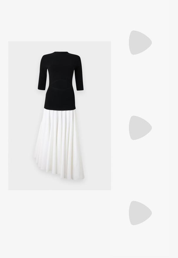 Top de punto negro con mangas 3/4, combinado con una falda blanca plisada que cae de forma asimétrica, creando un efecto de dos tonos en contraste.; Botín de cuero marrón hasta el tobillo, con punta cuadrada, acabado texturizado y un tacón bajo apilado. Presenta una pestaña trasera y detalles de costura sutiles.; Bolso de cuero marrón con estampado de cocodrilo, de forma cilíndrica, con herrajes en tono dorado y una correa desmontable con tachuelas.; Rabanne XL LINK  DOUBLE HOOP EARRINGS - Pendientes - gold-coloured