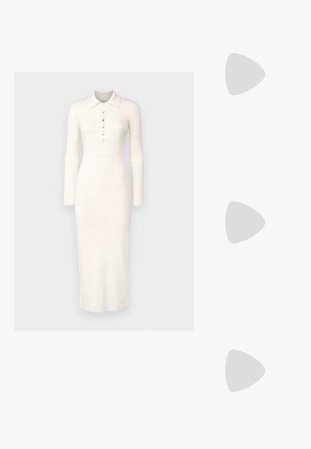 Pehmeast valgest lõngast midi kleit, millel on polo krae, pikad varrukad ja nööpide rida ees. Tekstuuriga riba kangas.; Hõbedased slingback kõrged kontsad terava ninaga, metalne viimistlus, kaks dekoratiivset rihma ja sihvakad kontsad musta otsaga.; Mustmust nahkaga kott sileda tekstuuriga. Omab reguleeritavat rihma ja sujuvat, minimalistlikku disaini, millel on lukuga sulgemine.; Kuldse värvi kõrvarõngad, mis on kaunistatud tekstuursete ja laineliste kujunditega. Komplektis on skulpturaalsed klamber kõrvarõngad ja avatud rõngasdisain, millel on lõhestatud viimistlus.