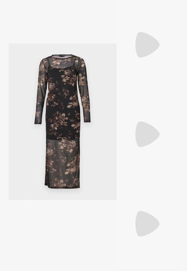 Robe florale à manches longues avec un léger mesh noir, ornée de motifs de roses brunes et crème, au design ajusté et au col rond.; Chaussure à talon aiguille à bout pointu avec un schema de couleurs argent, or et nude. Fini brillant avec un design découpé, dotée d'un talon stiletto.; Pochette en métal argenté avec une forme douce et arrondie et un fermoir en haut noué. Fabriquée en simili cuir lisse.; Boucles d'oreilles en argent en forme de créoles avec un design torsadé, dotées d'une finition polie et d'une fermeture à poussoir. Mesurent environ 3 cm de diamètre.