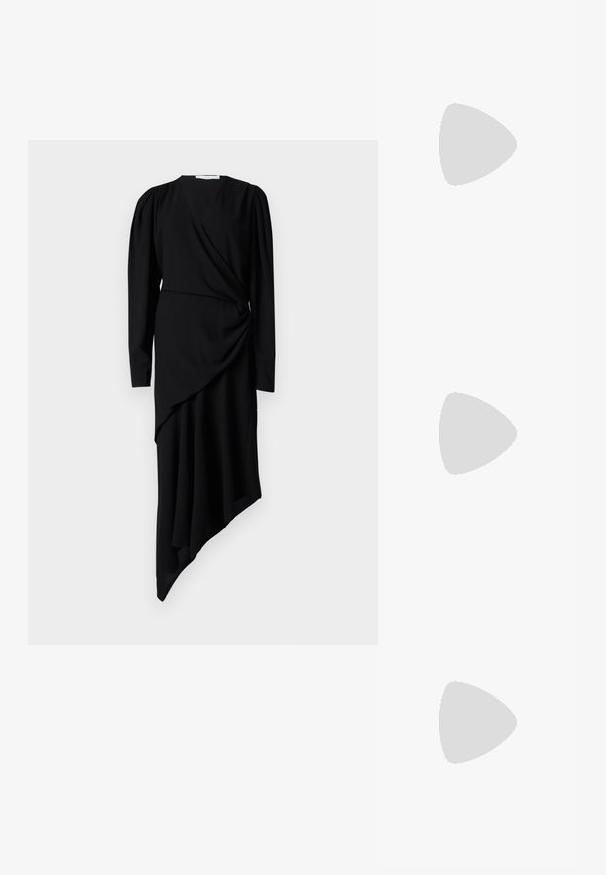 Black long-sleeve dress features a wrap design, asymmetric hem, and gathered detail at the waist made from smooth fabric.; Black patent leather slingback high heels with a pointed toe, adjustable ankle strap, and a moderate block heel. Smooth texture with glossy finish.; Black leather bucket bag with a textured finish, gold hardware accents, and an open top. Features a short handle and adjustable shoulder strap.; Hoop earrings featuring intertwined gold and silver rings, with a clear cubic zirconia accent and a textured band on one ring.
