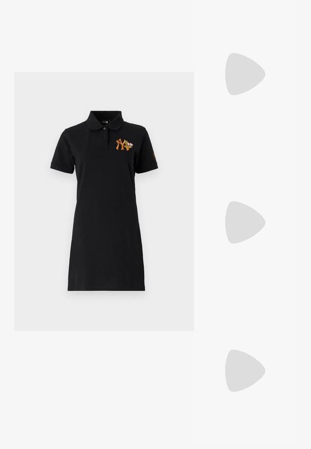 Black polo dress made of cotton with a fitted design. Features a collar, short sleeves, and an orange embroidered logo with floral accents.; White cotton t-shirt featuring a large, bright red lobster graphic on the front. Short sleeves and standard crew neck design.; White high-top canvas sneaker with black rubber sole, front rubber toe cap, and six eyelets for laces, featuring a clean, minimalist design.; Red leather handbag with an angular, geometric design. Features a single adjustable strap and a flap closure with stitched detailing.