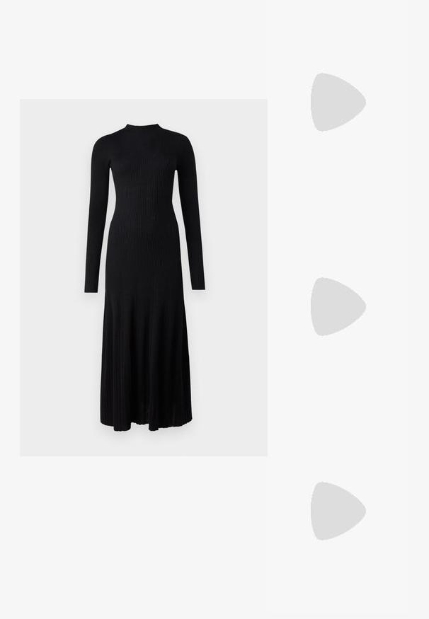 Musta ribattu pitkähihainen mekko, jossa on pyöreä pääntie, tiukka vartalo ja levenevä helma. Valmistettu joustavasta kankaasta, jossa on pystysuora tekstuuri.; Musta nahkainen ballerina, jossa on pyöristetty kärki, sileä pinta, minimaalinen ommelkoristelu ja joustava pohjamuotoilu.; Mustan nahka-buckettikassi, jossa on teksturoitu pinta, kultaiset metalliosat ja avoin yläosa. Ominaisuuksiin kuuluu lyhyt kahva ja säädettävä olkahihna.; Kultaketjut korvakorut, joissa on kierretystä muotoilusta valmistettu solmu. Jokaisessa korvassa on pyöreä, kirkas tausta varman käyttömukavuuden takaamiseksi.