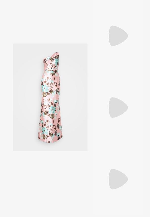 WAL G TALL WEDDING MILLY ONE SHOULDER MAXI - Džersio suknelė - pink; Juodos patentinės odos šliurinės bateliai su smailia nosia, sidabrinėmis detalėmis ir mažu blokuotu kulnu. Sklandus, blizgus paviršius visame batelio paviršiuje.; Juodas odinis per petį nešiojamas krepšys turi lygų paviršių, stačiakampio formą ir metalinę grandinėlę priekyje. Pridedama reguliuojama dirželis.; Tekstūruotas sidabrinis žiedas su organiška forma, pasižymintis banguota juosta ir šiurkščiu paviršiumi. Vidinėje juostos pusėje išgraviruotas logotipas.