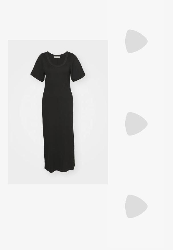 By Malene Birger ANAISSA - Dzsörzéruha - black; Fekete pántos szandál négyzetes orral és alacsony blokk sarkal. Több vékony pánttal és állítható boka pánttal rendelkezik. Sima bőrből készült.; Fekete bőr keresztpántos táska, sima textúrával, téglalap alakú és fém lánc részlettel az elején. Állítható pánttal ellátva.; Arany színű brosúra, csomózott díszítéssel, sima, ívelt vonalakkal és bonyolult formával, fényes felülettel.