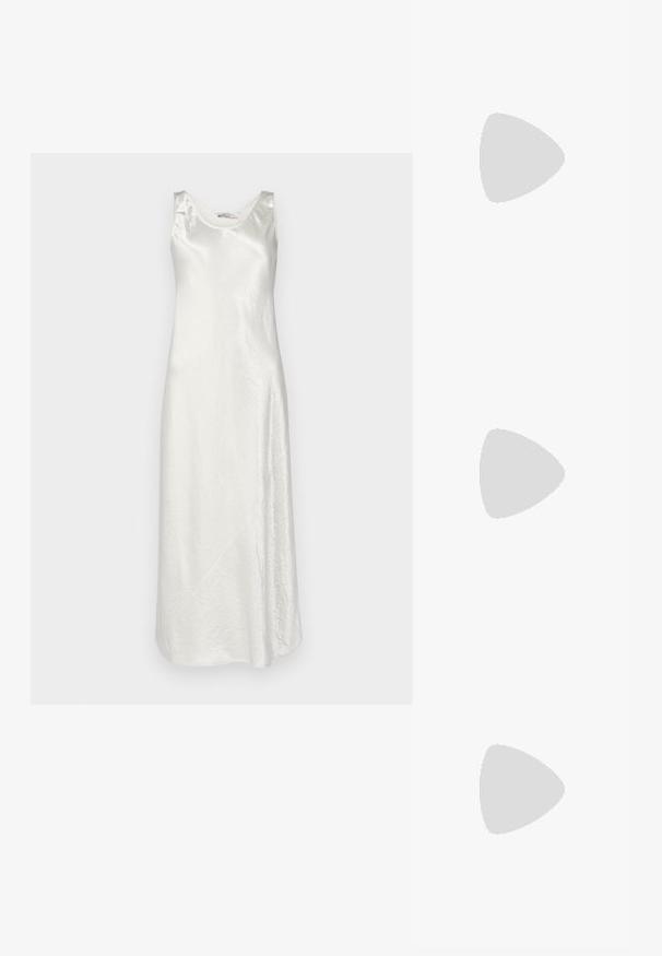 Max Mara Leisure TALETE - Kokteilinė suknelė / vakarėlių suknelė - bianco; Baltieji sportbačiai su metalizuotais sidabro akcentais, lygia tekstūra, apvaliu kojų pirštu, plokščiu padu ir tradiciniu raištelių užsegimu.; Kibiras maišas iš kreminės baltos tekstūruotos odos, su unikaliu viršiniu atidarymu, reguliuojama petneša ir išskirtiniais juodais metaliniais akcentais.; Sidabrinės širdelės formos užraktai su išgraviruotais žodžiais "TAIP" ir "NE", poliruotas paviršius, simetriškas dizainas ir tvirtas metalinis užraktas.