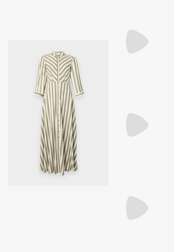 Rochie în dungi cu dungi verticale verde măsliniu și alb, închidere cu butoane, guler și mâneci trei sferturi. Design fluid și lungime până la genunchi.; Pantof cu toc înalt și vârf ascuțit, cu o schemă de culori argintii, aurii și nude. Finisaj lucios cu un design decupat, având un toc stiletto.; Pouch bag metalizat argintiu, cu o formă moale și rotunjită și un închidere de tip nod la partea de sus. Fabricat dintr-un material sintetic din piele netedă.; Cercei din argint cu un design torsadat, având un finisaj lucios și închidere cu tijă. Au un diametru de aproximativ 3 cm.
