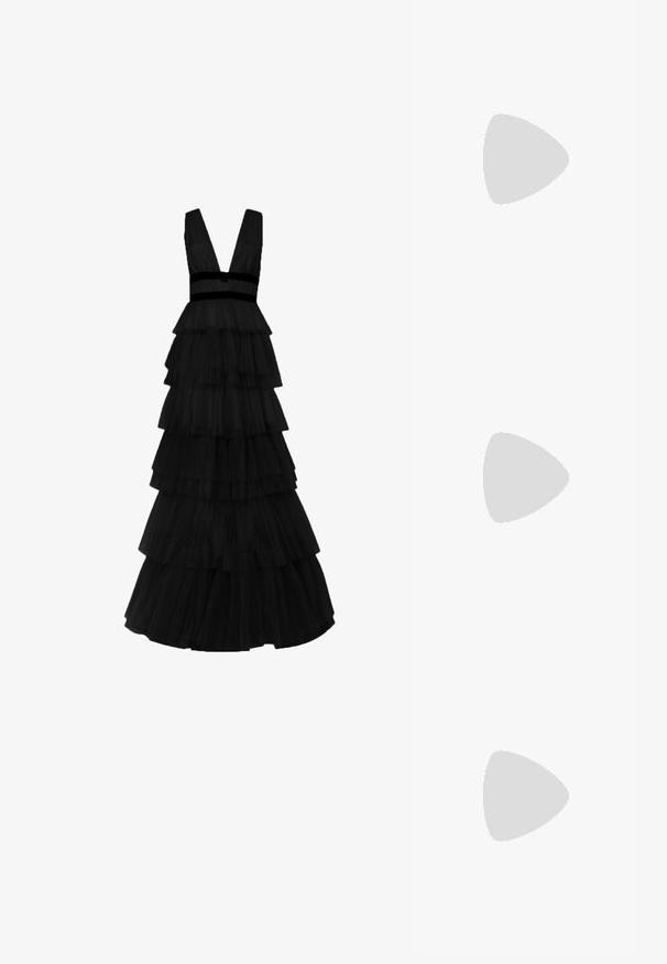 True Decadence Maksimekko - black; Musta lakattu nahka slingback-korkokengät, joissa on terävä kärki, pyöreä aukko-muotoilu ja lohkokorko. Varustettu kultasävyisellä solkiyksityiskohdalla.; Mustat ylisuurten kehysten aurinkolasit, joissa on liukuväri-linssit, paksut kehykset ja kultasävyiset ketjustuskoristeet temppeleissä.; Musta käsilaukku, jossa on rakenteellinen muoto, sileä pinta ja metallinen solki. Yhdistetty leveisiin mustiin housuihin ja avonaiheisiin sandaaleihin puulattialla.