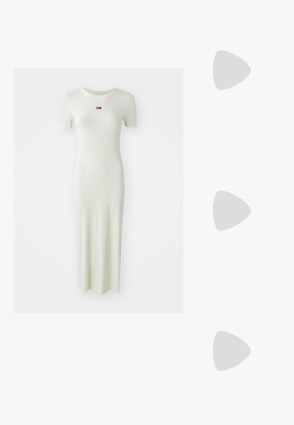 Ribbed, ankle-length dress in pale green with short sleeves and a round neckline, featuring a small red embroidered logo on the chest.; Pointed-toe slingback shoe in off-white leather, featuring a low heel and cut-out design with a smooth texture and minimal accents.; Cream-colored handbag with a textured finish, curved shape, short handle, and gold-tone logo detail. Zipper closure at the top.; Silver metal hoop earrings with a smooth, shiny surface and a structured, rounded design. Features a hinged clasp for secure wear.
