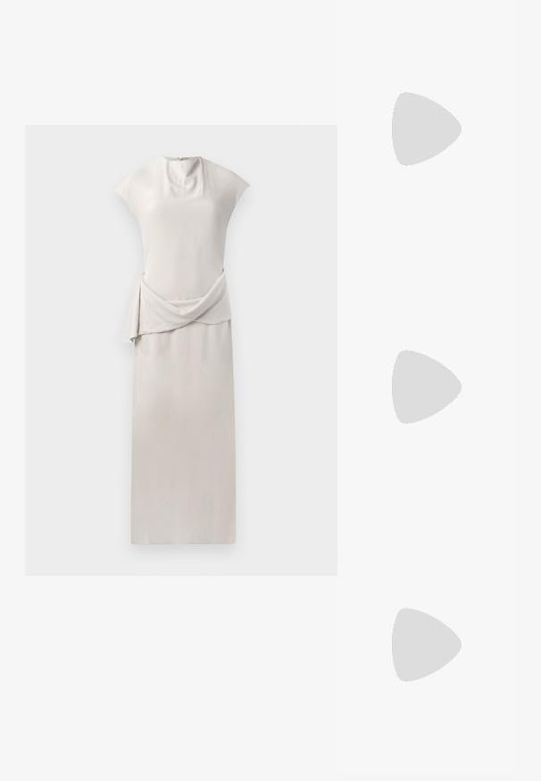 Sleek, sleeveless dress in soft beige fabric. Features a draped waist section and a smooth, straight silhouette. Zipper closure at the back.; White ribbed tank top with a round neckline and a metal accent detail on the shoulder. Soft texture, fitted design, and sleeveless style.; Puffer jacket with a brown and black pattern, paired with a brown snake print mini skirt, black knee-high boots, and a small black bag.; Black leather handbag with a curved design, featuring silver studs, a buckle, and two side pockets. Adjustable strap for carrying options.