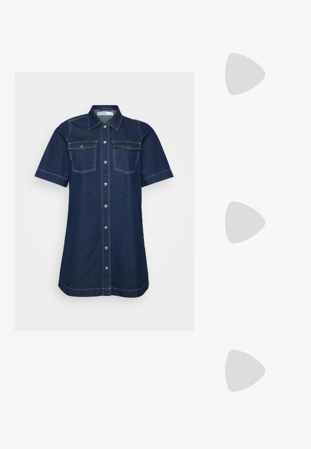 Tummansinisestä denimpaitamekosta, jossa on lyhyet hihat, kaksi rintataskua, napitus ja kontrastiväriset ompeluyksityiskohdat.; Beige patenttanssisen nahasta valmistetut slingback-korkokengät, joissa on terävä kärki ja kapea, neliömäinen korko. Saumatonta pinta ja minimalistinen muotoilu ilman koristeita.; Beige laukku, joka on valmistettu pehmeästä materiaalista, ja siinä on rento muotoilu, ommeltu yksityiskohtia ja kaksi olkahihnaa. Sopii päivittäiseen käyttöön.; Kultainen metallinen ranneketju, jossa on sulava ja kaareva muotoilu. Yhdessä päässä on pieni, hallitseva hopeanvärinen korostus.