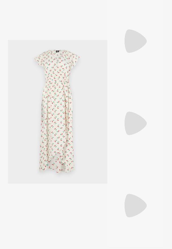 Balta, gėlėta susagstoma suknelė su raudonomis ir žaliomis vyšnių gėlėmis, trumpomis rankovėmis ir asimetrišku hemline. Pagaminta iš lengvo audinio.; Auksiniai, metaliniai slingback aukštakulniai bateliai su smailiu pirštu ir masyviu kulnu. Lygus paviršius, minimalizmo dizainas ir siaura juostelė.; Juodas odinis hobo maišas su lygiu paviršiumi, kreipta forma ir viena reguliuojama rankena; turi platų atidarymą viršuje.; Aukso tono metalinės auskarai su stilingu, kreiviu dizainu. Išsiskiria ryškiu smailiu pavidalu, poliruota paviršiumi ir užsegimu su vyriu.