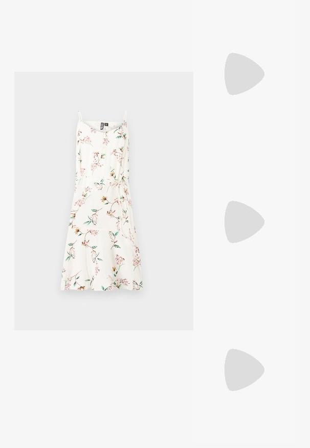 Blumenkleid für den Sommer mit dünnen Trägern, aus cremefarbener Baumwolle mit einem verstreuten Blumenmuster und grünen Blättern. Fließende A-Linien-Form.; Spitz zulaufender Slingback-Absatz aus einem glatten, glänzenden, tanfarbenen Material. Mit einem geschwungenen Ausschnitt-Design und einem schlanken Stiletto-Absatz. Silberne Schnallendetails.; Braune rechteckige Sonnenbrille mit Verlaufslinsen, dicken Rahmen und einem Logodetail an der Seite. Glattes Kunststoffmaterial, minimales Design.; Braune Leder-Crossbody-Tasche mit geschwungener Form, goldfarbenen Beschlägen und einer Schnallenakzentuierung. Verfügt über einen abnehmbaren Schultergurt.