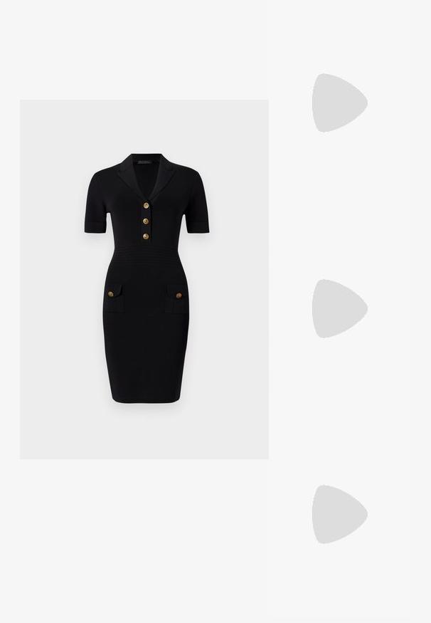 Rochie neagră ajustată cu mâneci scurte, guler, cinci nasturi aurii și două buzunare frontale cu nasturi asortați. Textură de material neted.; Sandale negre cu toc înalt au curele subțiri cu un design legat, un vârf pătrat neted și un toc stiletto elegant.; Geantă metalică gri deschis, cu un strap din lanț, decorată cu mici ținte circulare metalice și un logo de marcă triangular.; Cercei rotunzi din argint cu un finisaj neted și strălucitor. Design ușor, având o formă rotundă și închidere cu tijă.