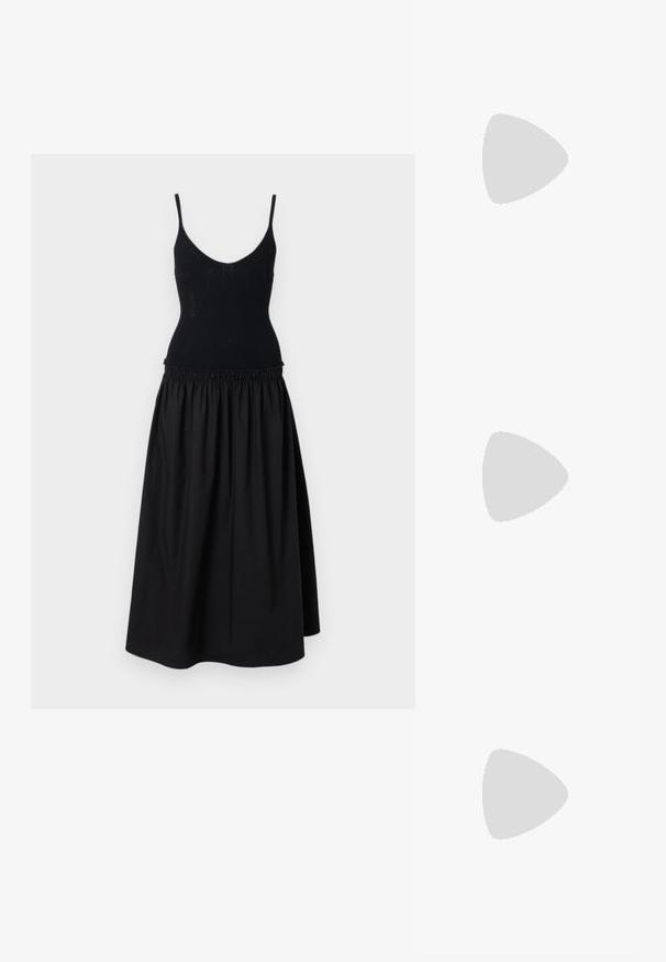 Mustal kleit, millel on sobiv, ribaga kehaosa, õhukesed rihmad ja laienev, kogutud seelik. Kanga pind on sile ja matta.; Beežid nahast sandaalid risti rihmadega, pandla detail ja juudist kontsaga platvormpõhi. Disainil on paks kootud tekstuur ja lame põhi.; Valge nahast käekott kumerate kujunditega, kuldsete detailide ja tekstuuriga viimistlusega, kanda tumesinise bleiseri ja valge särgiga.; Lauren Ralph Lauren BASIC SMALL HOOP - Kõrvarõngad - gold-coloured