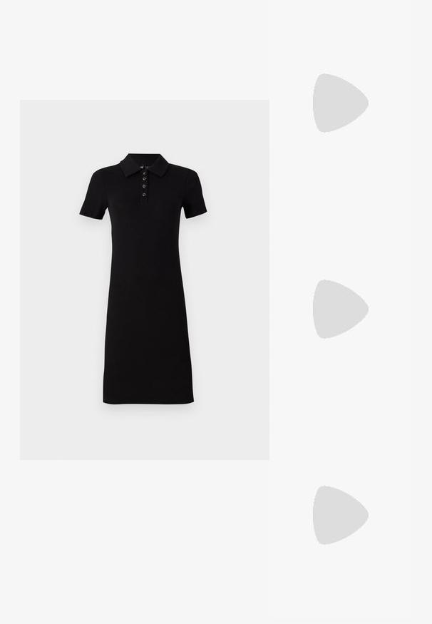 Black ribbed polo dress with short sleeves, a collar, and a button placket. Straight cut, mid-length design, smooth texture.; Black patent leather slingback shoe with pointed toe, ankle straps featuring silver buckles and hardware, and a slender heel.; Gold metallic handbag with a structured design, smooth texture, and adjustable strap. Features a unique triangular shape and minimalist stitching.; Gold-tone earrings featuring textured, wavy shapes. Includes sculptural clip-on studs and open hoop design with a hammered finish.