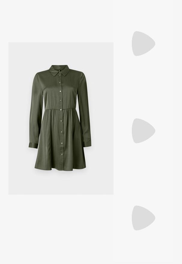 Pikad varrukad oliivroheline nööbidress, millel on ehtne talje ja krae, kergelt laienev seelik ning käised on mansetiga.; Kitsas toe kõrge kontsaga kingad, millel on hõbedane, kuldne ja nude värvilahendus. Läikiv viimistlus lõikekujundusega, stiletto konts.; Hõbedane metallikoti kott pehme, ümar kuju ja sõlme ülemise sulgemisega. Valmistatud siledast kunstnahast materjalist.; Hõbedased rõngaskõrvarõngad keerutatud disainiga, millel on poleeritud viimistlus ja posti-tagune sulgemine. Diameeter umbes 3 cm.