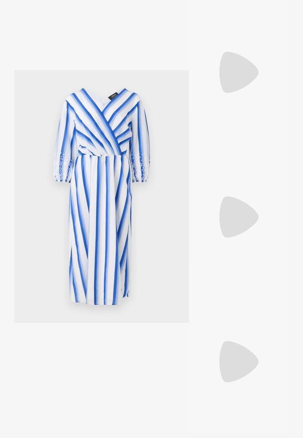 Sininen ja valkoinen raidallinen mekko, jossa on pitkät läpikuultavat hihat, V-pääntie ja kootut vyötärö. Hihansuiden kukkaisan brodeerauskoristelu.; Mustat korkokengät sandaalit, joissa on ohuet hihnat solmittuna, sileä neliön muotoinen varvasosa ja tyylikäs stiletto-korko.; Vaalea harmaa metallinen käsilaukku, jossa on ketjusanka. Laukku on koristeltu pienillä pyöreillä metallikoruilla ja kolmion muotoisella brändilogolla.; Hopehopeet hopehopeet hopehopeet hopehopeet, jolla on sileä, kiiltävä pinta. Pyöreä muoto, kevyt rakenne, jossa on neulakiinnitys.