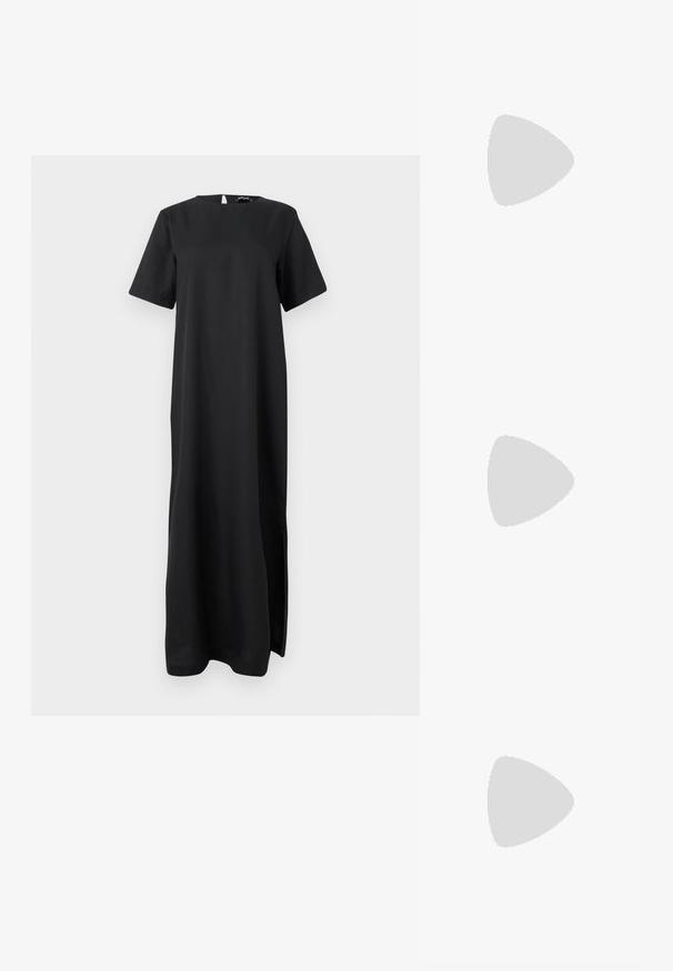 Black maxi dress with a round neckline, short sleeves, and side slits. Made from smooth fabric, featuring a minimalist design without patterns.; Black high-heeled sandals feature thin straps with a knotted design, a smooth square toe, and a sleek stiletto heel.; Black sunglasses with angular, cat-eye design. Silver mirrored lenses. Slim, lightweight plastic frames with subtle branding on the temples.; Silver metal earrings with a smooth, teardrop shape and a polished finish. Subtle engravings add detail. Minimalist design.