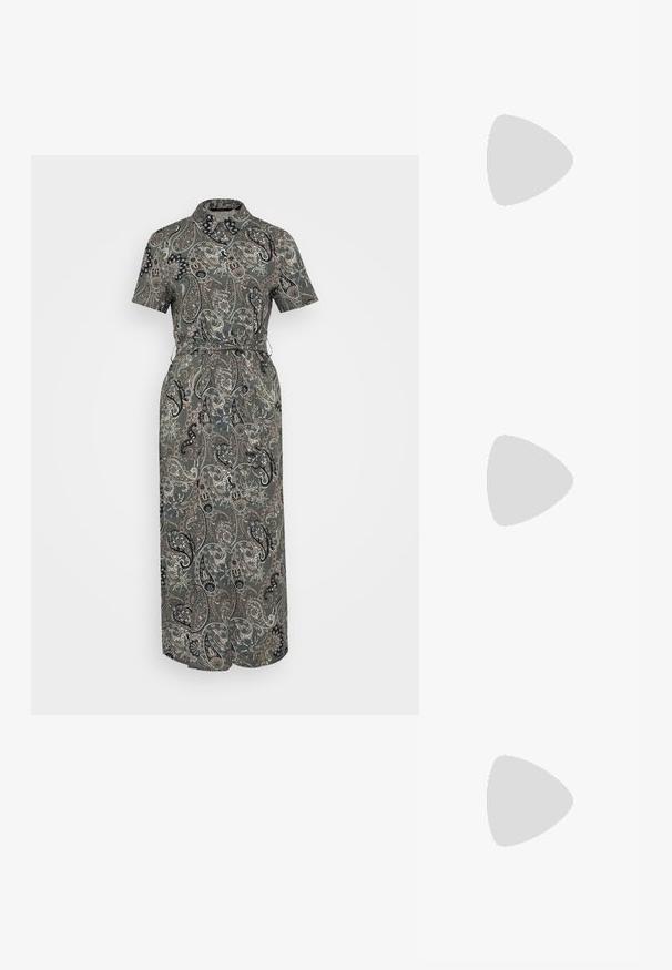 Abito a maniche corte con bottoni caratterizzato da un motivo paisley in tonalità di verde, nero e beige; vita cinchata con dettaglio a fiocco.; Scarpa con tacco alto in vernice nera, cinturino alla caviglia regolabile e punta affilata, con lati aperti. Texture liscia.; Borsa a tracolla nera in pelle con una forma curva, manico rimovibile e accessori dorati. La borsa presenta una patta con un dettaglio a fibbia.; Orecchini in tono oro caratterizzati da forme ondulate eTexture. Comprendono chiusure clip-on scultoree e un design a cerchio aperto con finitura martellata.