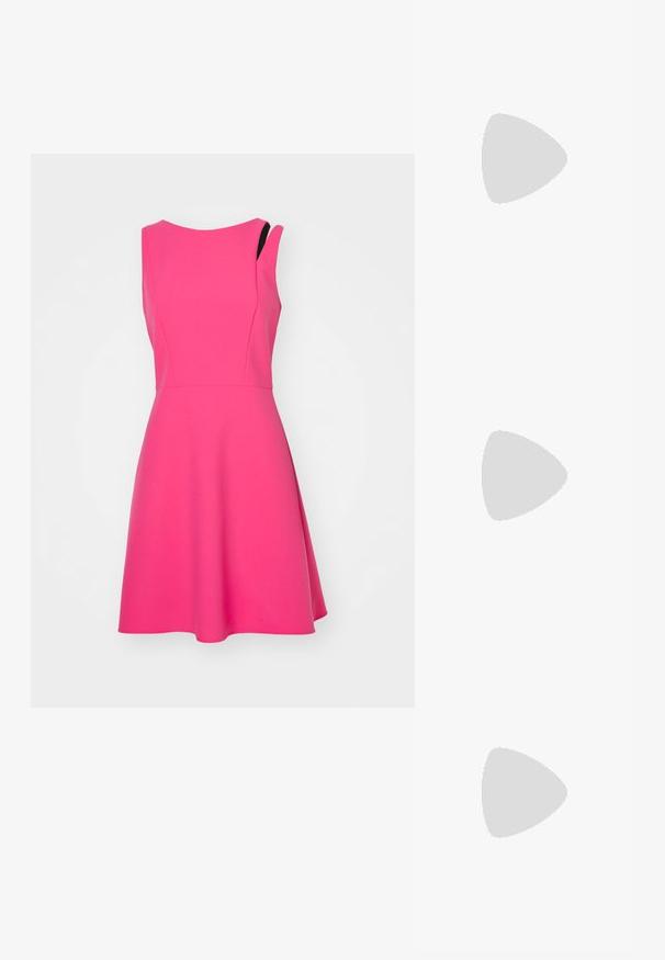 A sleeveless pink dress with a fitted bodice and flared skirt. Made of smooth fabric, featuring a subtle asymmetrical shoulder design.; Black leather slingback heels with a pointed toe, featuring a slim heel and a gold-tone accent on the adjustable strap. Smooth texture.; Black leather handbag with a structured design, featuring a cropped shape, top handle, and gold hardware accent. Adjustable shoulder strap included.; Silver metal hoop earrings with a smooth, shiny surface and a structured, rounded design. Features a hinged clasp for secure wear.