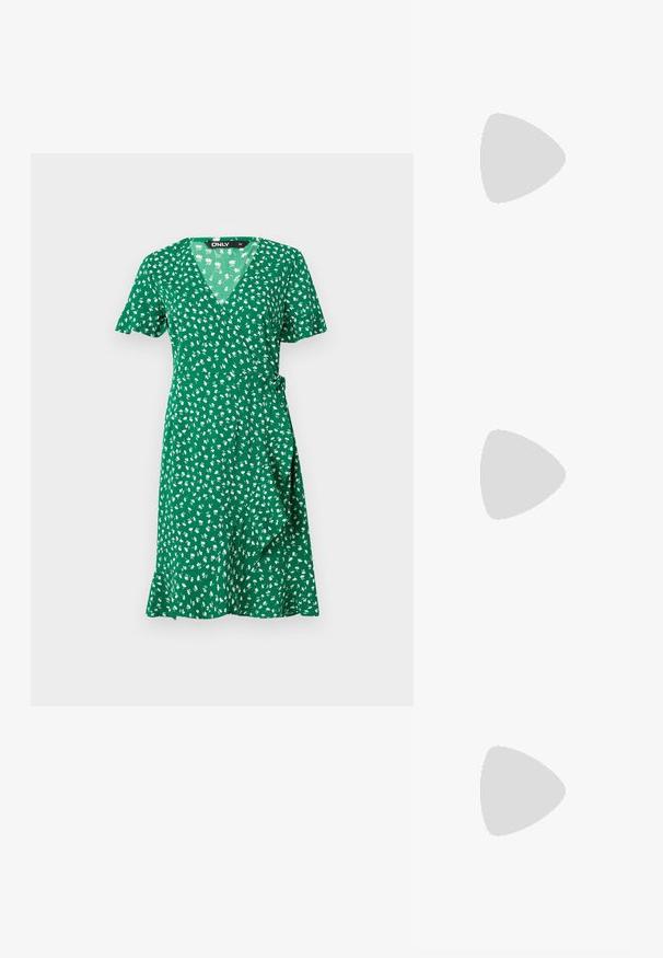 ONLY ONLOLIVIA WRAP DRESS - Denné šaty - verdant green; Čierne lakované kožené sandálové podpätky s špicatou špičkou a geometrickým blokovým podpätkom. Disponujú elegantným, minimalistickým dizajnom a hladkým povrchom.; Čierna kožená kabelka s zaobleným tvarom, odnímateľným popruhom a zlatými doplnkami. Kabelka má klopu s detailom s prackou.; Prsteň v zlatej farbe s organickým, skrúteným dizajnom, hladkým povrchom a zužujúcimi sa koncami, vytvárajúci moderný, sochársky vzhľad.