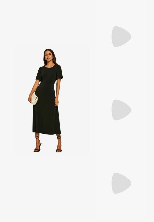 Friends Like These ITY FLUTTER SHORT SLEEVE MIDI - Trikoomekko - black; Valkoinen slingback-korkokenkä, jossa on terävä kärki, sileä päällismateriaali, matala lohkokorko ja sivuaukko-design säädettävällä soljella.; Pyöreät aurinkolasit, joissa on tummat linssit ja kultaiset kehykset. Mallilla on päällään vaaleansininen, ribatusta materiaalista valmistettu neuletakki, jossa on napit ja kontrastiväriset valkoiset hihat.; Michael Kors kääröbeige pinnoitettua kangasta, jossa on toistuva MK-logo -kuvio, kultaiset yksityiskohdat ja irrotettava ketjuhihna.