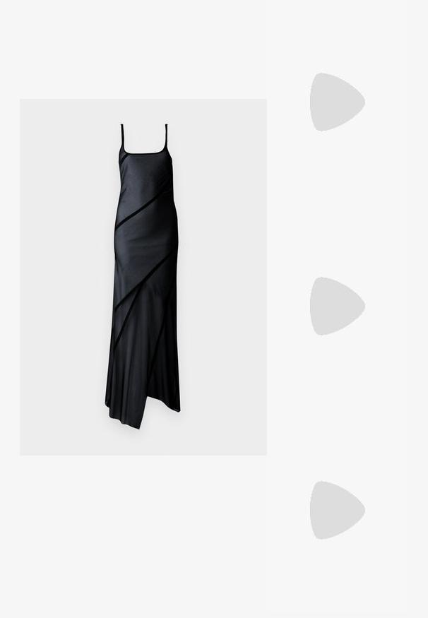 Crna saten haljina s tankim trakama, s dijagonalnim panela i lepršavom suknjom. Glatka tekstura i minimalistički dizajn.; Crvena lakirana kožna cipelica s otvorenom petom, s oblikom uskog vrha, dizajnom s dvije trake koje sadrže kružne detalje i niskom blok petom.; Crna torba s dva kratka ručka i uklonjivom naramenicom. Glatki materijal nalik koži s zatvaračem na zatvaranje i detaljem s logom.; Srebrne kružne naušnice s glatkim, zakrivljenim dizajnom. Imaju sjajnu metalnu završnu obradu i kopču na tipku. Nema vidljivih uzoraka ili ukrasa.