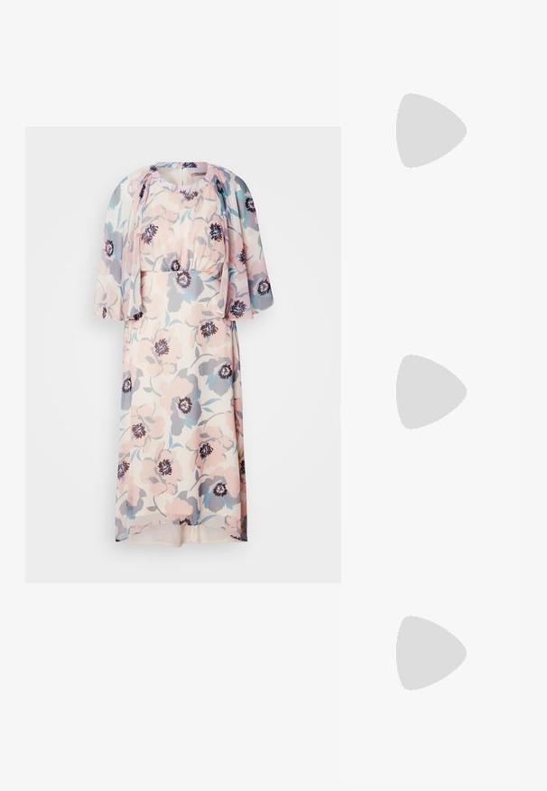 Floral dress in light pink, blue, and gray with a fitted waist and flutter sleeves, made of lightweight fabric. Features a round neckline and gathered details.; Tan leather cowboy boot with pointed toe, embroidered swirl patterns on shaft, and a stacked block heel. Features a pull tab for easy wear.; Hexagonal sunglasses with brown gradient lenses, transparent beige frame, and dark brown arms. Features "vogue" branding on the side.; Multicolored handbag with pink, blue, and yellow panels, featuring gold hardware and a detachable orange cardholder. Textured surface design.