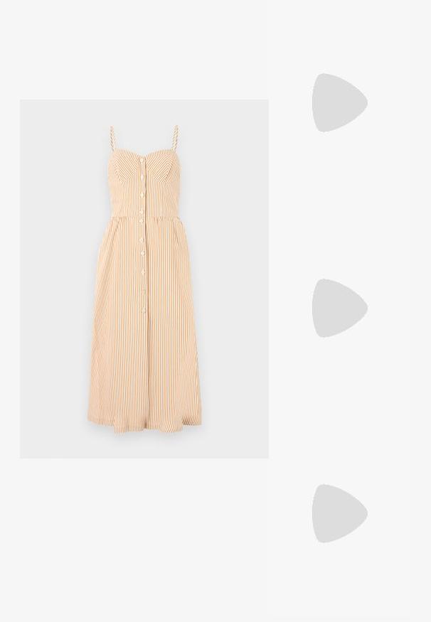 Valge ja heledat oranži vertikaalsetes triipudes rihmdress, millel on sobiv bodi, nööbikinnitus ja laienev midi seelik.; Beesek patentnaha slingback kontsad 5 cm kontsaga, millel on terav nina ja lõigatud külgedega ning õhuke pahkluu rihm.; Valge lilleline käekott, millel on volditud kangapind, kuldne ahelakott ja metallist klamber. Omab tekstureeritud kroonlehti, mis lisab detailidele sügavust.; Lauren Ralph Lauren COLLAR - Kaelakee - gold-coloured/white