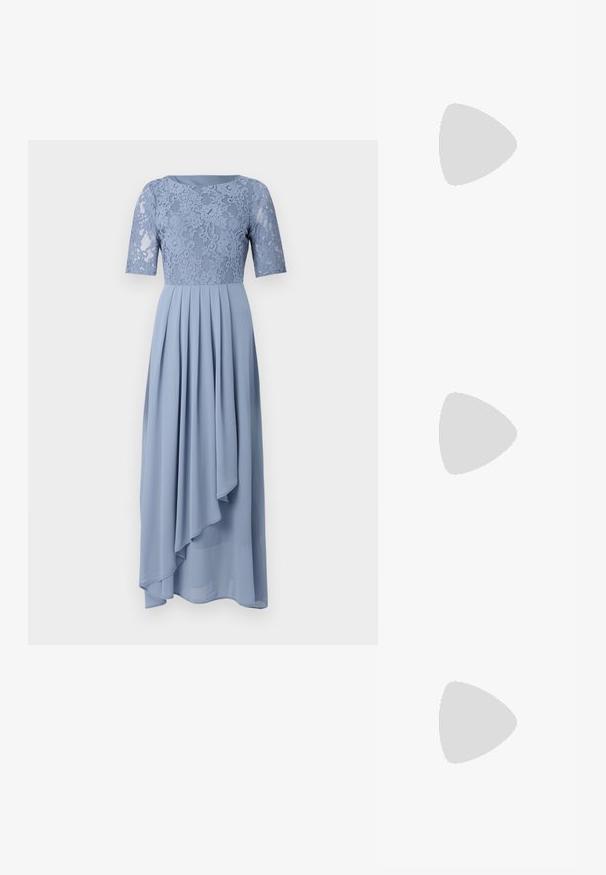 Šviesiai mėlyna suknelė su nėriniuotu korsetu ir trumpomis rankovėmis, su plačiai krintančia klostuota sijona, kuri nukrenta asimetriškai.; Balti slingback kulniukai su smailiu pirštu, lygia viršutine medžiaga, žemu blokuotu kulnu ir šoniniu išpjovimu su reguliuojamu sagtimi.; Apskriti saulės akiniai su tamsiais objektyvais ir auksiniais rėmeliais. Modelis vilki šviesiai mėlyną, raukinį kardiganą su mygtukais ir kontrastingomis baltomis rankovėmis.; Michael Kors rankinė smėlio spalvos dengto kanvoje su pakartotiniu MK logotipo raštu, auksinėmis detalėmis ir nuimamu grandininiu dirželiu.