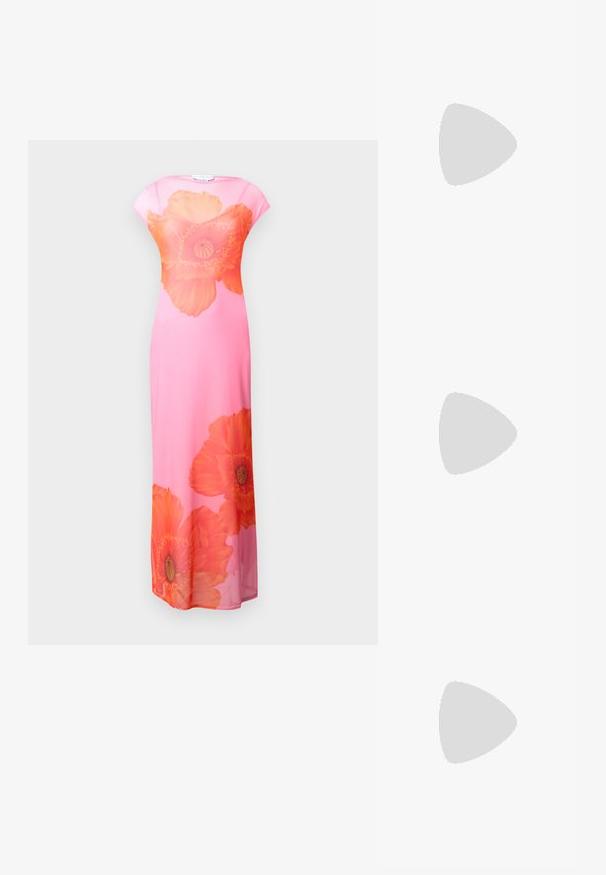 Maxi dress in pink fabric featuring large orange poppy floral patterns. Short sleeves, round neckline, and flowing design.; Black leather slingback pump with a pointed toe, a cut-out design, and a chunky block heel. Smooth texture with a minimalist aesthetic.; Gold metallic handbag with a structured design, smooth texture, and adjustable strap. Features a unique triangular shape and minimalist stitching.; Gold-tone ring featuring an organic, twisted design with smooth texture and tapered ends, creating a modern, sculptural appearance.
